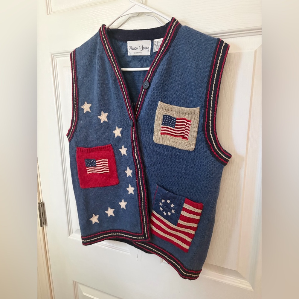Sharon Young Blue Knit Vest with Red and White Trim vintage Americana